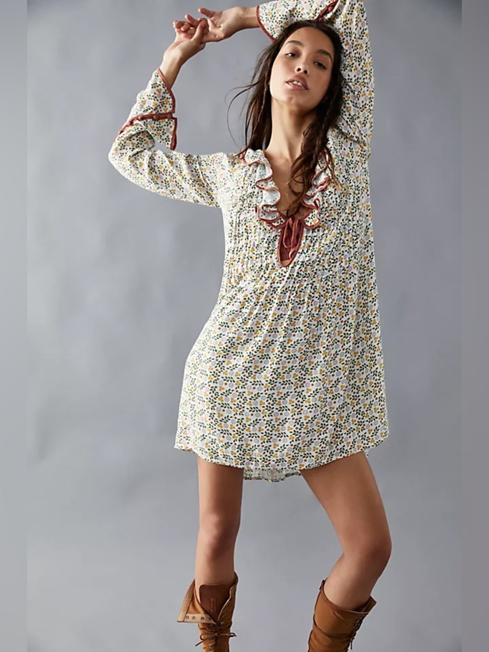FREE PEOPLE - Blossom Baby Mini Dress, Long bell sleeves, Ditzy Floral, Size M